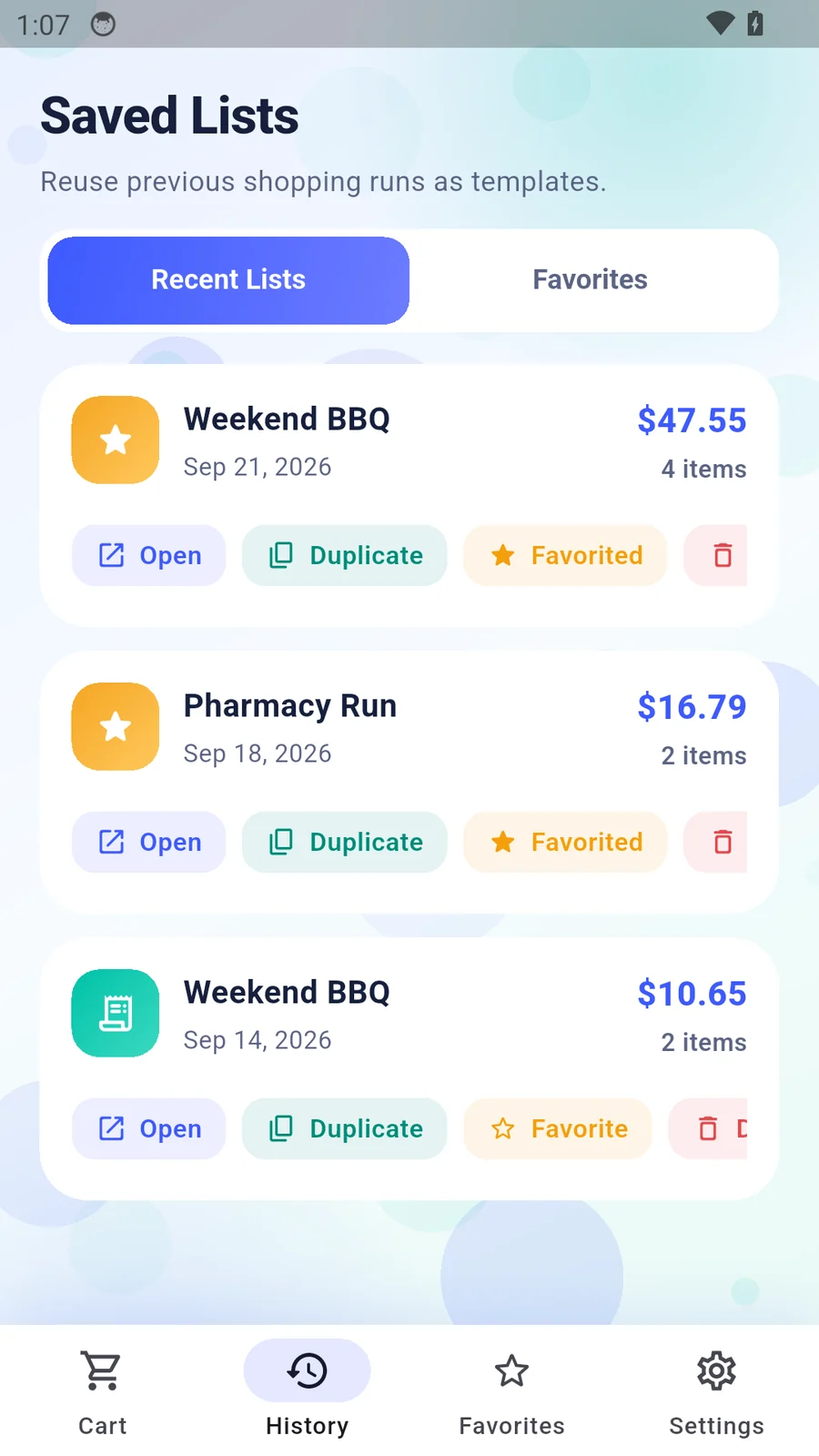 Saved shopping lists screen